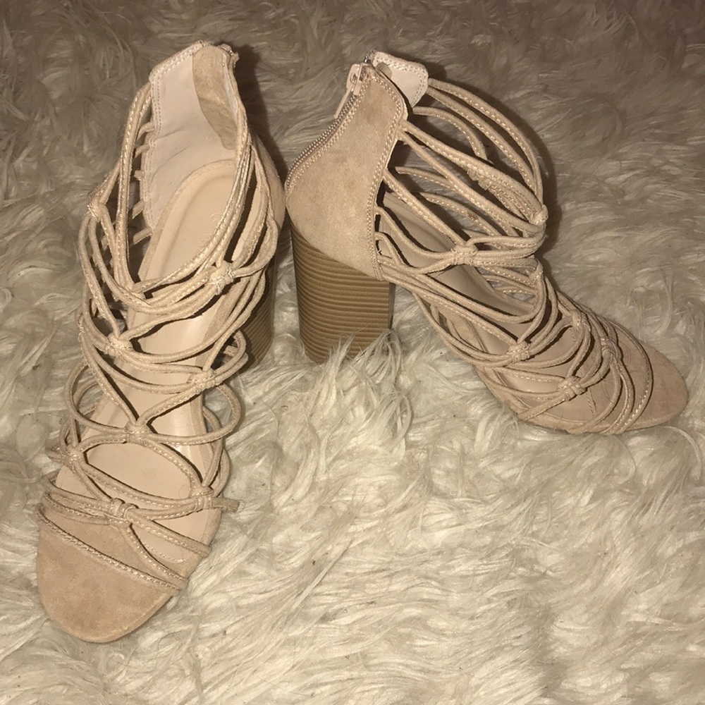 Tan Knot Strappy Peep Toe Heels